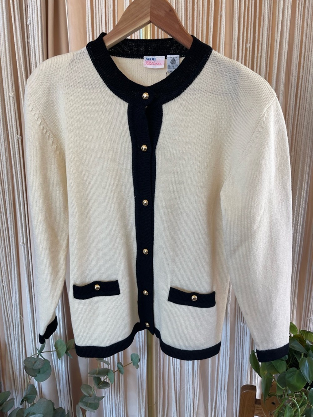 Vintage Avon Fashions wool cardigan sweater contrast trim button up pockets S